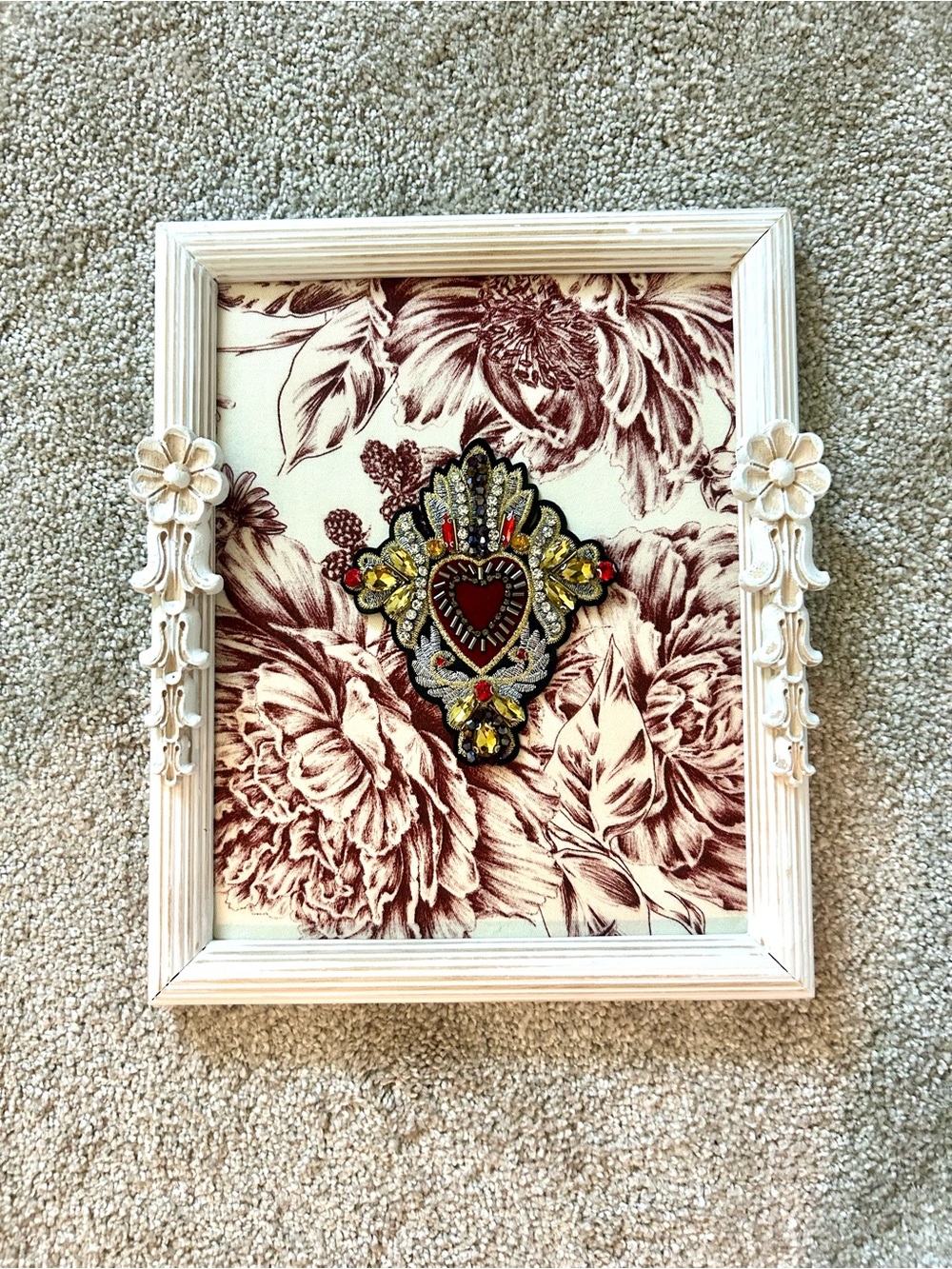 Ornate Floral Framed Wall Art with Embellished Heart Accent - Cream & Burgundy